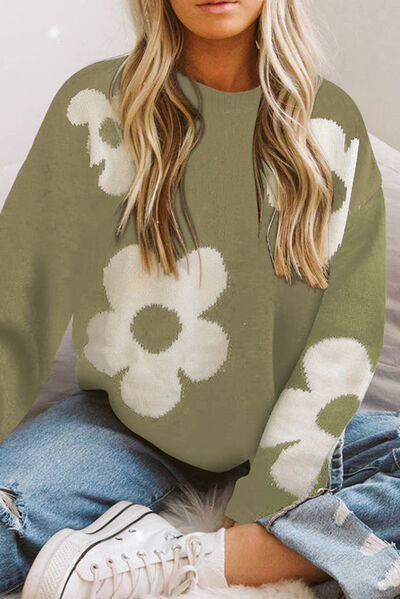 Round Neck Floral Pattern Color Contrast  Design Long Sleeve Sweater