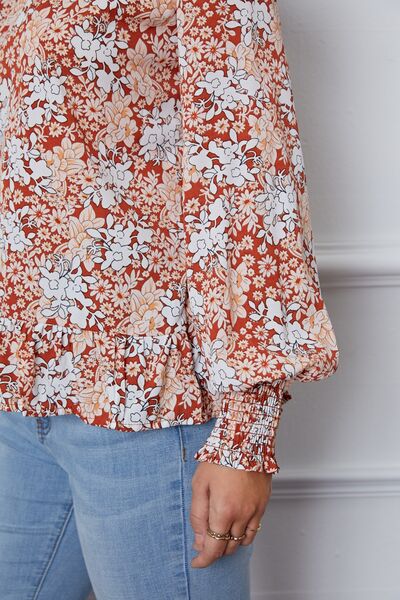 Floral Smocked Lantern Sleeve Ruffled Blouse