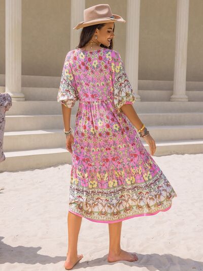 Printed V-Neck Balloon Sleeve Midi Dress