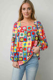 Printed Square Neck Balloon Sleeve Top