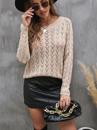 Openwork Round Neck Long Sleeve Sweater