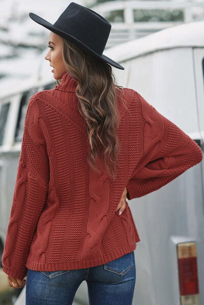 Cable-Knit Turtleneck Dropped Shoulder Sweater