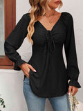 Tie Front V-Neck Puff Sleeve Blouse