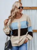 Color Block Button Up Lantern Sleeve Cardigan