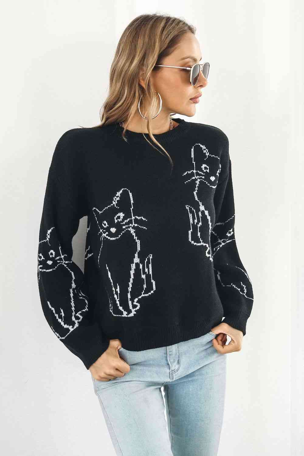 Cat Pattern Round Neck Long Sleeve Pullover Sweater