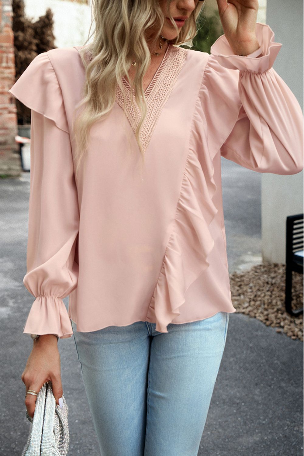 V-Neck Flounce Sleeve Ruffle Trim Blouse