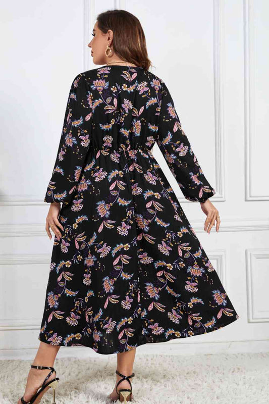 Melo Apparel Plus Size Floral Print Long Sleeve Midi Dress