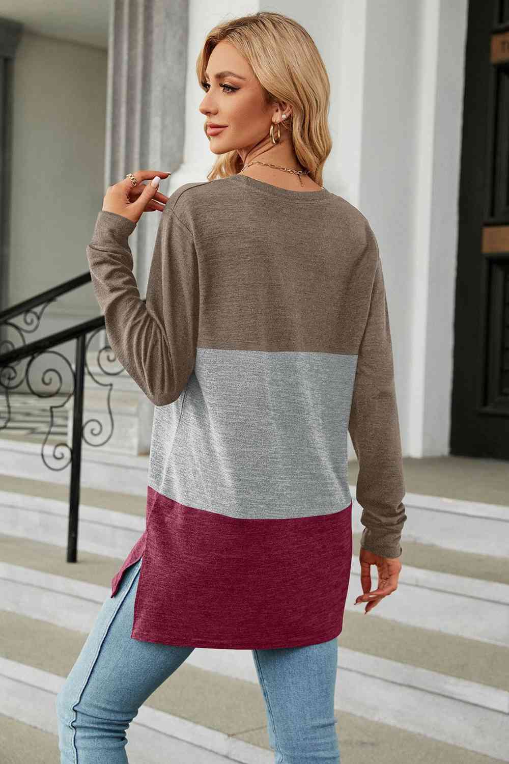 Color Block Round Neck Long Sleeve Slit T-Shirt