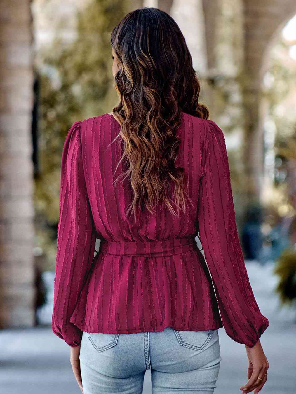 V-Neck Tie Waist Long Sleeve Blouse