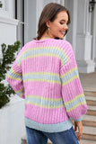 Striped Lantern Sleeve Dropped Shoulder Cardigan