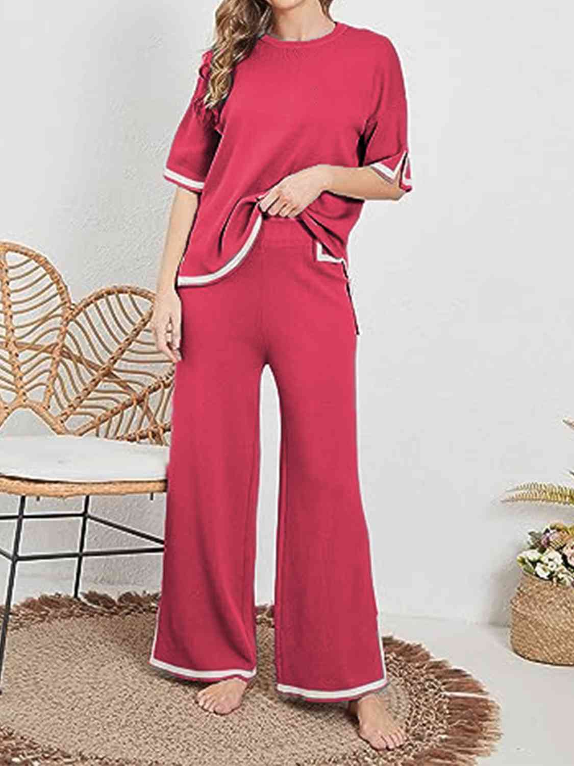 Contrast High-Low Sweater and Knit Pants Set