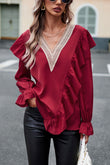 V-Neck Flounce Sleeve Ruffle Trim Blouse