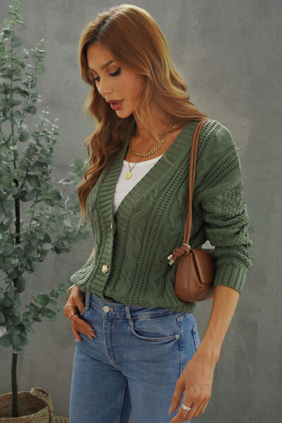 Cable-Knit Button Up Dropped Shoulder Cardigan