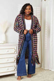 Double Take Full Size Multicolored Open Front Fringe Hem Cardigan