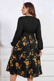 Melo Apparel Plus Size Floral Print Tie Belt V-Neck Balloon Sleeve Midi Dress