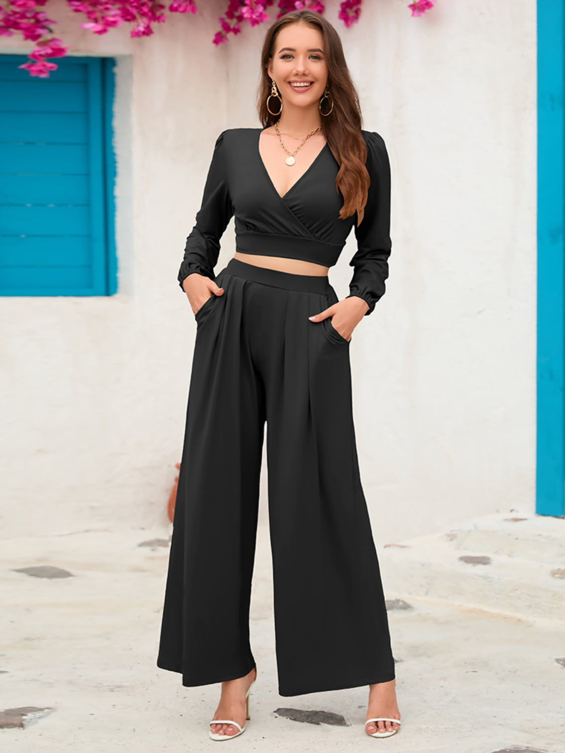 Surplice Top and Wide Leg Pants Set