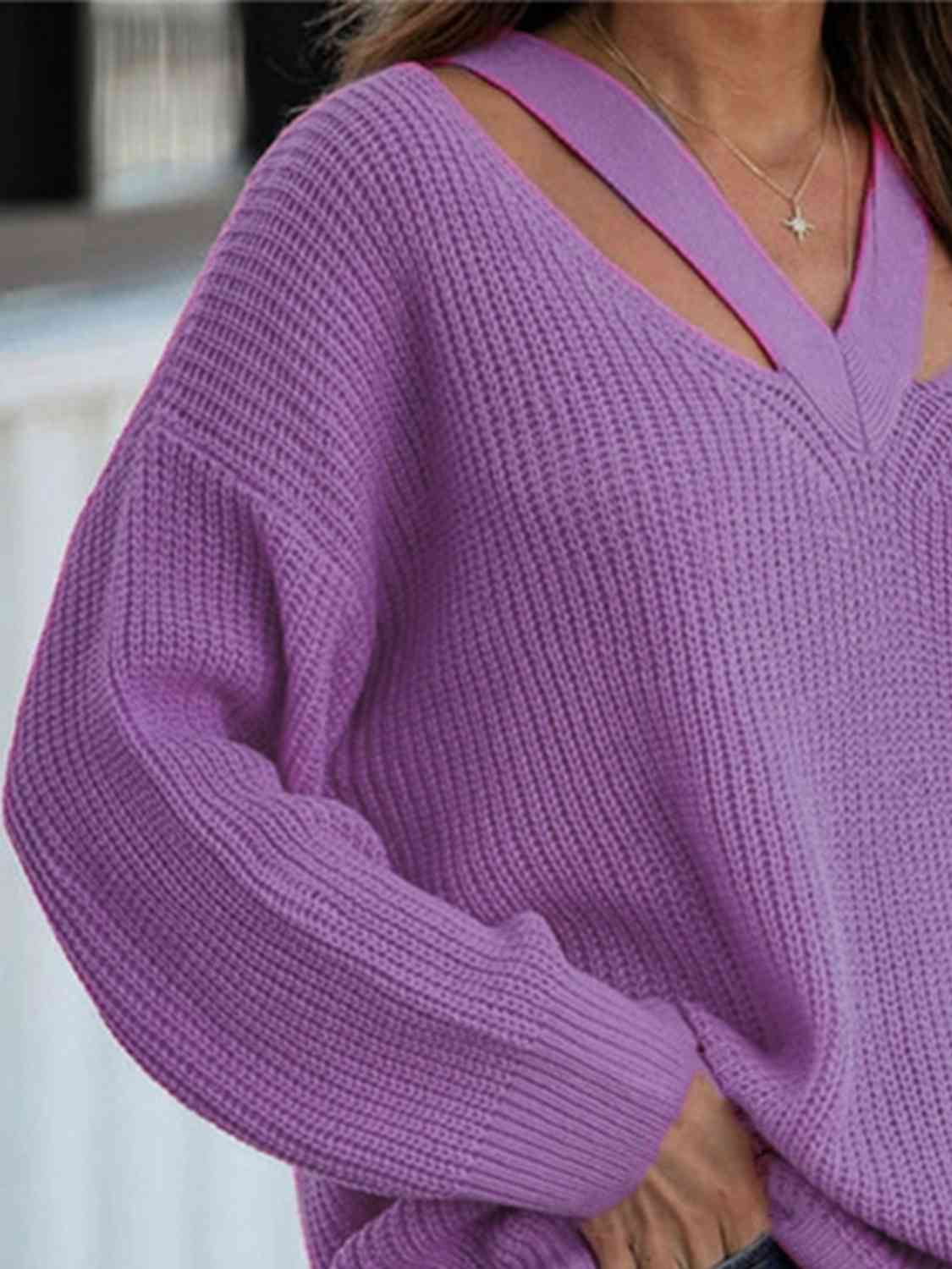 Full Size Cutout V-Neck Rib-Knit Sweater