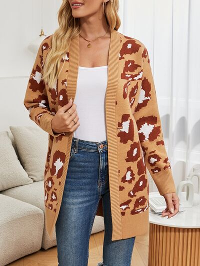 Leopard Open Front Dropped Shoulder Cardigan