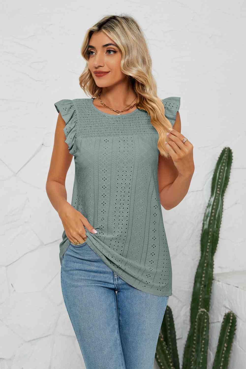 Smocked Round Neck Eyelet Top