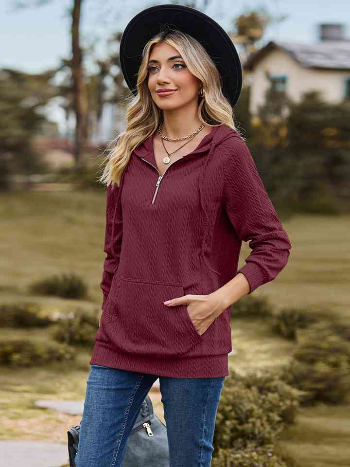 Cable-Knit Zip-Up Hooded Blouse