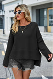 High-Low Slit Round Neck Long Sleeve Sweater