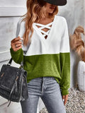 Contrast Crisscross V-Neck Long Sleeve Top