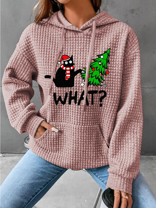 Full Size WHAT Graphic Waffle-Knit Long Sleeve Drawstring Hoodie