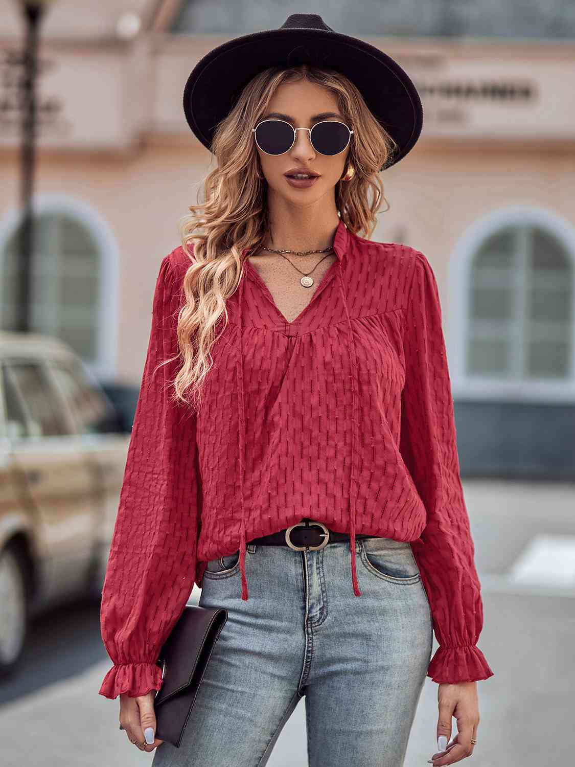 Tie Neck Flounce Sleeve Blouse