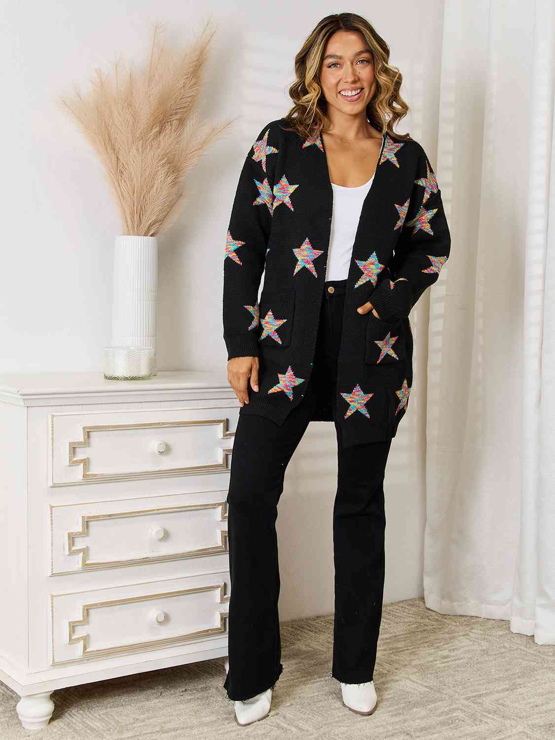 Star Pattern Open Front Cardigan with Pockets