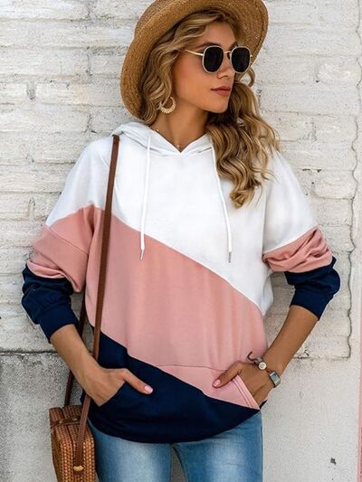 Color Block Drawstring Pocketed Hoodie