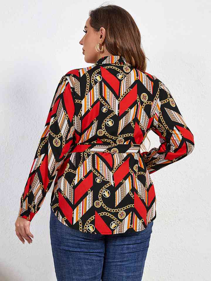 Plus Size Printed Collared Neck Tie Waist Long Sleeve Shirt