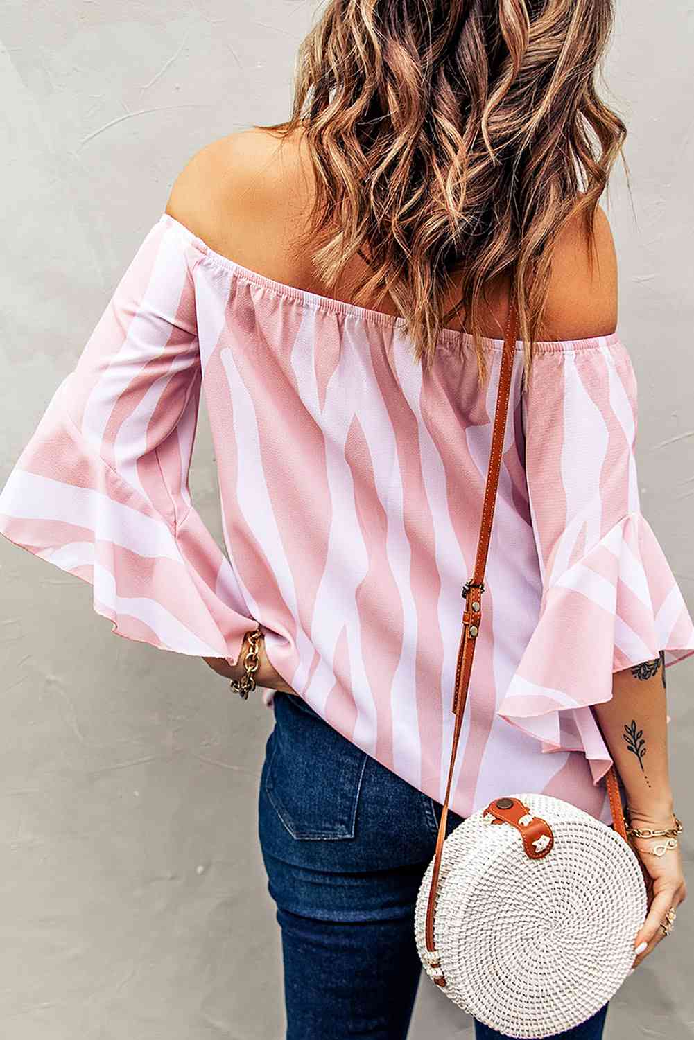 Striped Tie Front Flounce Sleeve Blouse