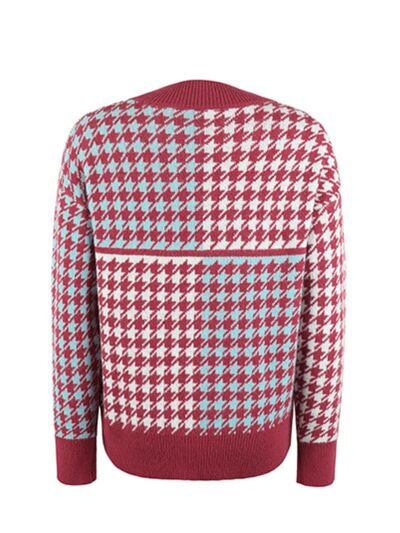 Houndstooth Round Neck Dropped Shoulder Sweater