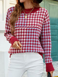 Houndstooth Round Neck Dropped Shoulder Sweater