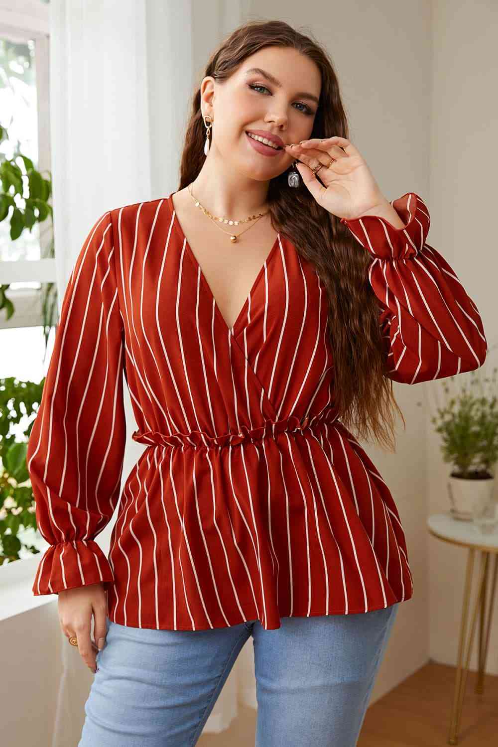 Melo Apparel Plus Size V-Neck Frill Trim Blouse