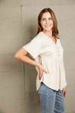 Double Take Buttoned Notched Neck Short Sleeve Top