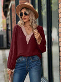 Swiss Dot V-Neck Long Sleeve Blouse