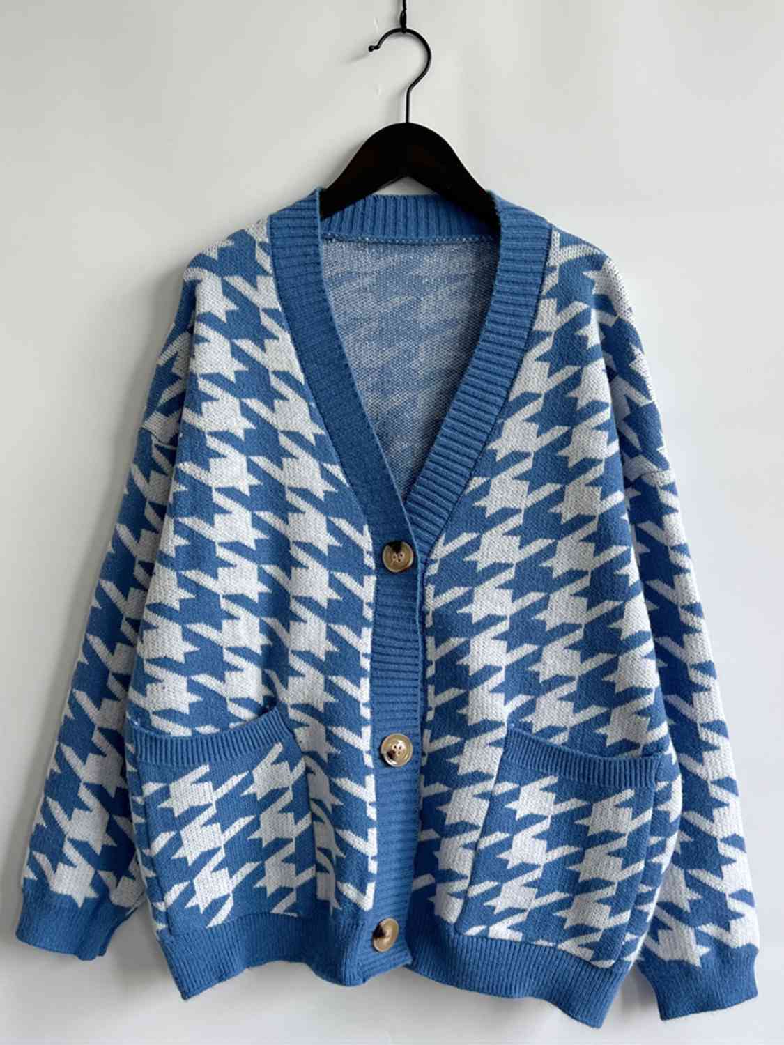 Houndstooth Botton Front  Cardigan with Pockets