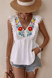 Embroidered Pom-Pom Trim Cap Sleeve Babydoll Top