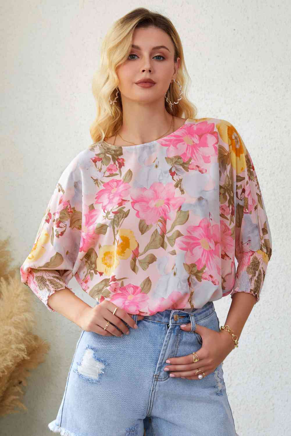 Floral Round Neck Three-Quarter Sleeve Top