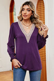 Lace Detail V-Neck Lantern Sleeve T-Shirt