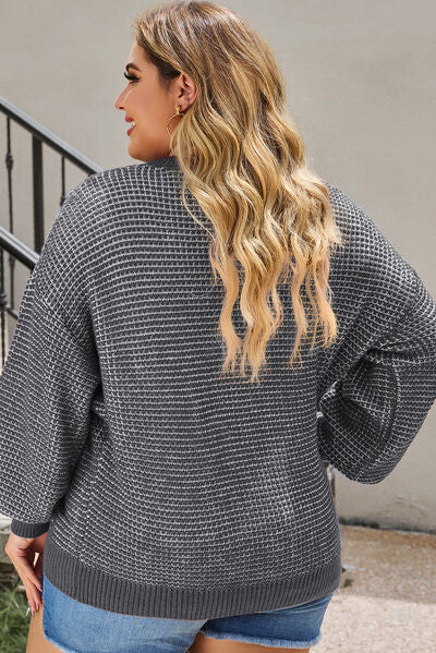 Plus Size Waffle-Knit Round Neck Dropped Shoulder Sweater