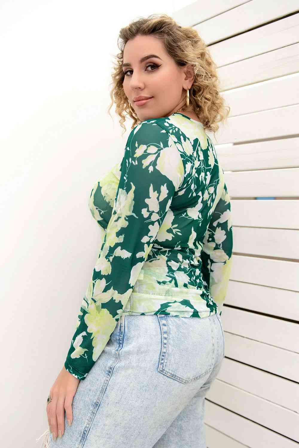 Plus Size Printed Round Neck Long Sleeve Blouse