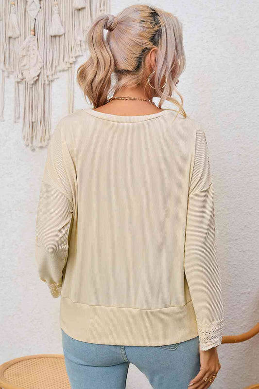 Spliced Lace V-Neck Ribbed Top