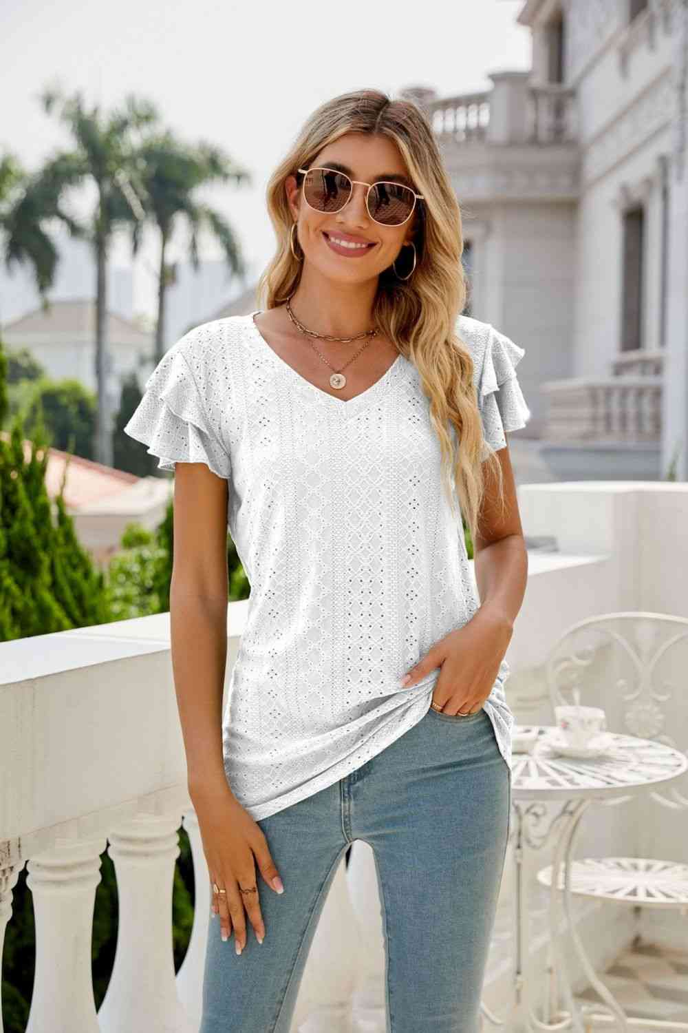 Eyelet Layered Flutter Sleeve V-Neck Top