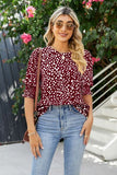 Polka Dot Round Neck Lantern Sleeve Blouse