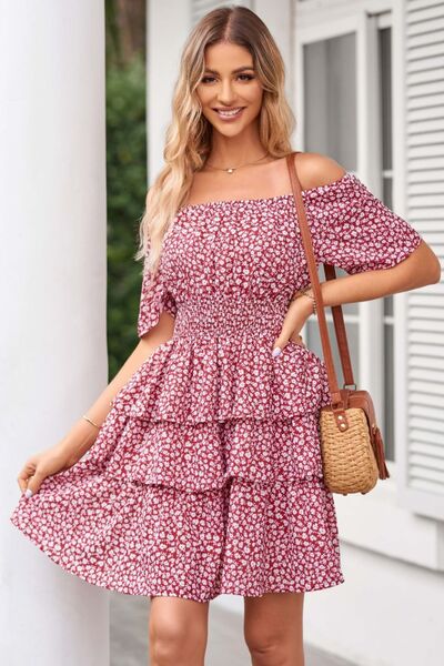 Floral Smocked Short Sleeve Layered Dress