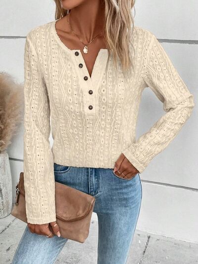 Openwork Half Button Long Sleeve Blouse