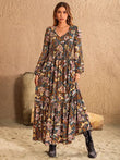 Printed Tie Neck Balloon Sleeve Dress