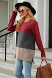 Color Block Round Neck Long Sleeve Slit T-Shirt